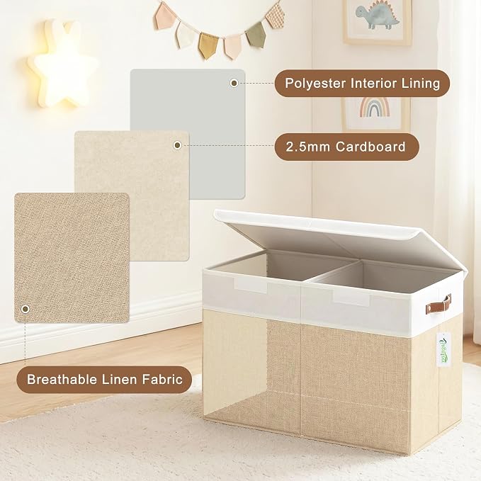 Large Toy Storage Box with Lids, Collapsible Sturdy Baby Storage Organizer Chest Bin Basket for Kids, Boys, Girls, Playroom, Nursery, Bedroom, Closet 25"x13"x16" (Beige and White)