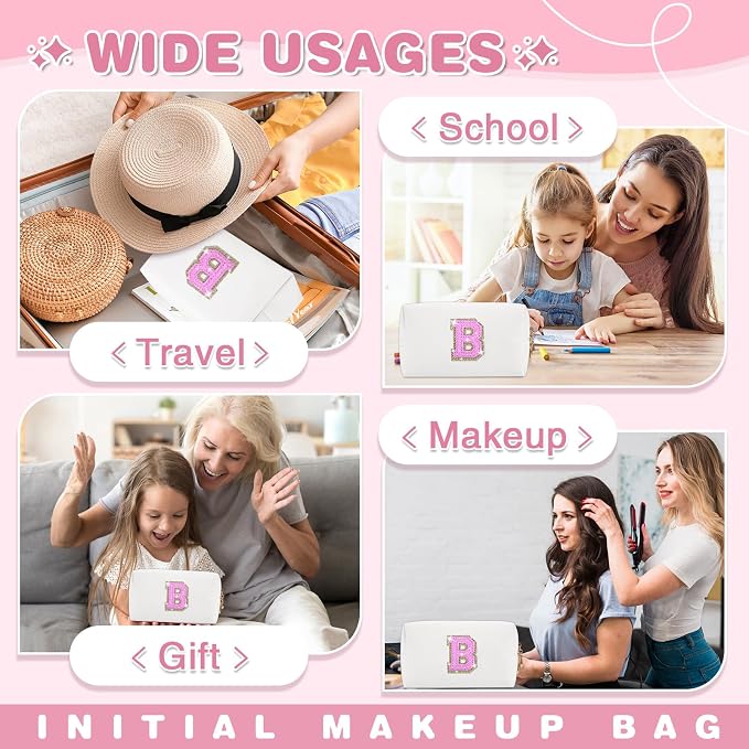 Small Initial Patch Makeup Bag Personalized Gifts Make Up Bag,White Cute PU Leather Glitter Letter Cosmetic Bag with Zipper,Trendy Portable Travel Toiletry Pouch,Preppy Stuff for Teen Girls Women B