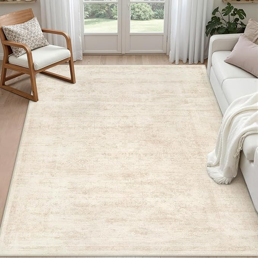 4x6 Area Rugs for Living Room: Vintage Boho Neutral Washable Rug Indoor Soft Large Area Rug Carpet for Bedroom Nursery Farmhouse Dining Room Office Floor Non-Slip Low Pile Under Table Rug Retro Beige