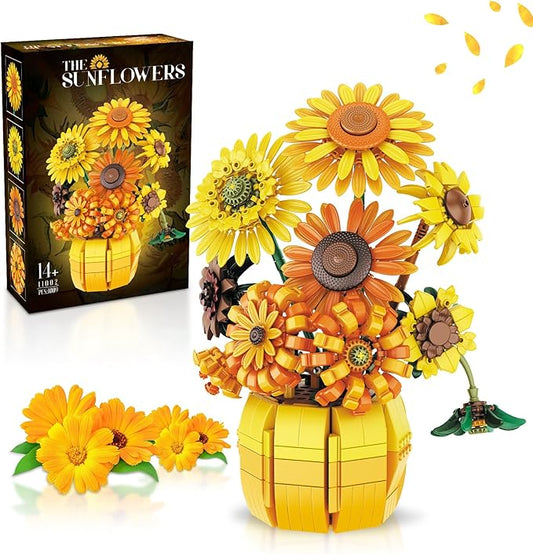 Flowers Sunflower Building Sets for Adults, Van Gogh Prints Art Botanical Collection for Woman Girls 14+, Artificial Pot Bouquet Plants Kits, Home Decor/Christmas/Valentine/Mother's Day Birthday Gifts