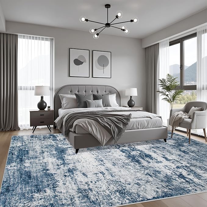 9x12 Area Rug Living Room Rug: Washable Modern Abstract Soft Thin Rug Indoor Floor No Slip Stain Resistant Carpet for Bedroom Dining Room Farmhouse Nursery Home Office - Blue
