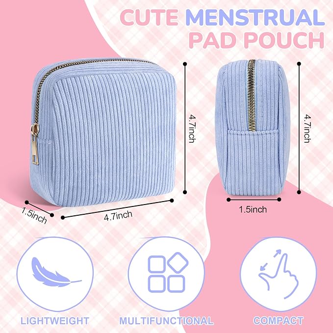 Corduroy Period Pouch with Strawberry Charm Small Discreet Sanitary Napkin Storage Bag Cute Menstrual Pad Pouch Tampon Bag for Purse Zipper Makeup Bags for Women Blue