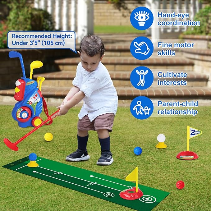 Toddler Golf Set for Boys Girls 2 3 4 5 Years Old, Kids Golf Clubs Set with Cart & Putting Mat, Outdoor Indoor Sports Toys Birthday Gift, Blue
