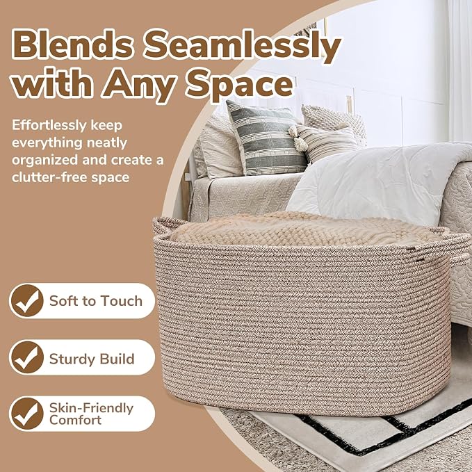 Goodpick 85L Large Woven Rope Blanket Basket, Rectangle, Brown | 23.6'' x 15.7'' x 13.8'' Storage Basket for Blankets, Toys & Clothes, Living Room & Bedroom Organization, Reinforced Handles