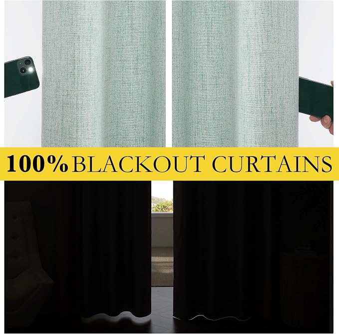 NICETOWN 100% Absolutely Blackout Linen Curtains with Thermal Insulated White Liner, Seafoam Green, 42 inches Wide, 63 inches Length Energy Saving Curtains for Kitchen 2 Panels Set, Vertical Blinds