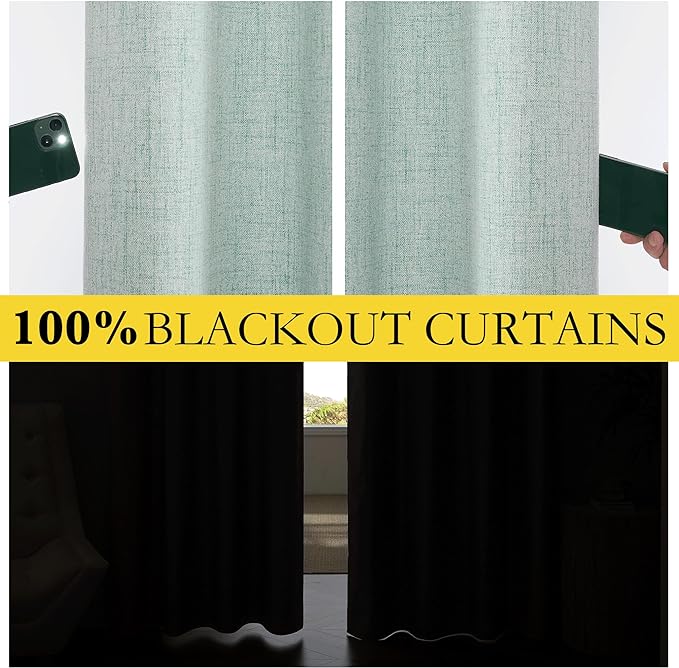 NICETOWN Seafoam Green 100% Blackout Short Curtains W52 x L48 in, Thermal Insulated & Noise Reducing Small Window Treatments with Grey Liner, Rod Pocket & Back Tab Cafe Curtains for Kids Room, Kitchen