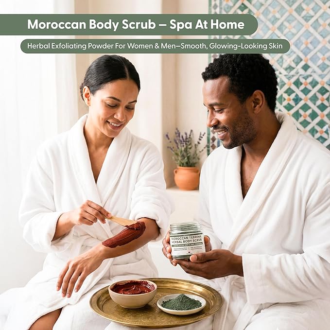 Moroccan Tebrima Herbal Exfoliating Body Scrub Powder | Natural Body Exfoliator for Women & Men, Gentle Bikini Exfoliating Scrub with Nila, Henna, Rose & White Clay for Smooth, Glowing Skin