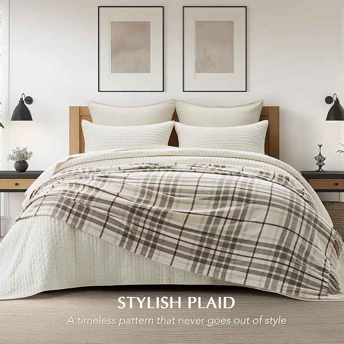 Plaid Chenille Queen Blanket for Bed, 90"x90", Beige | Super Soft Knit Throw with Tassels, Cozy, Decorative Farmhouse Plaid, Lightweight Blanket Queen Size for Couch Sofa Gift