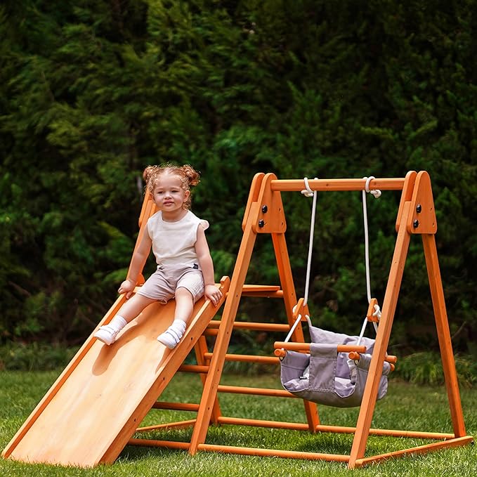 Avenlur 4-in-1 Juniper Outdoor Play Gym - Jungle Gym Playset with Baby Swing, Slide, Ladder, and Climbing Wall - Foldable Wooden Playset - Outdoor Jungle Gym for Kids Ages 18mo to 6yrs