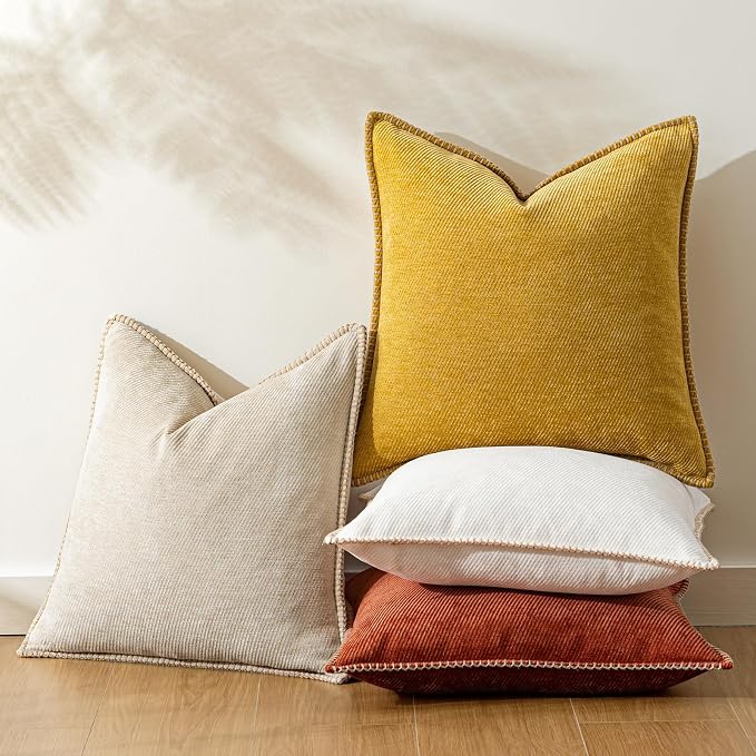 a moment Pack of 2 Decorative Chenille Throw Pillow Covers with Twill Cushion Covers for Sofa Living Room Couch Bed 18x18 Inch,Crafted Border Beige