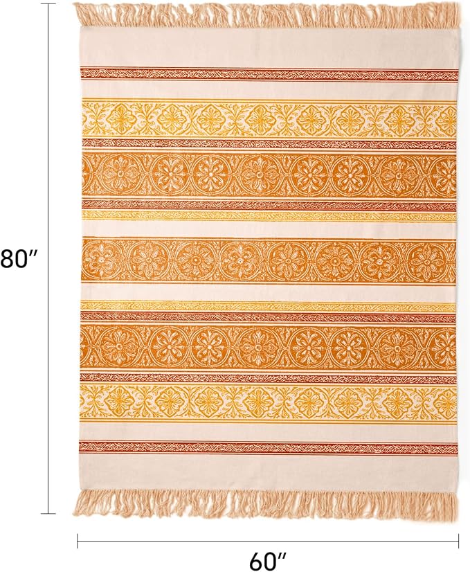 100% Cotton Boho Throw Blanket for Home Decor – Classic Farmhouse Quilt Bedding, Muslin Blankets for Adults, Vintage Woven Decorative Blanket for Couch, Bed Layering Use, Bohemian Stripe, 60"x80"