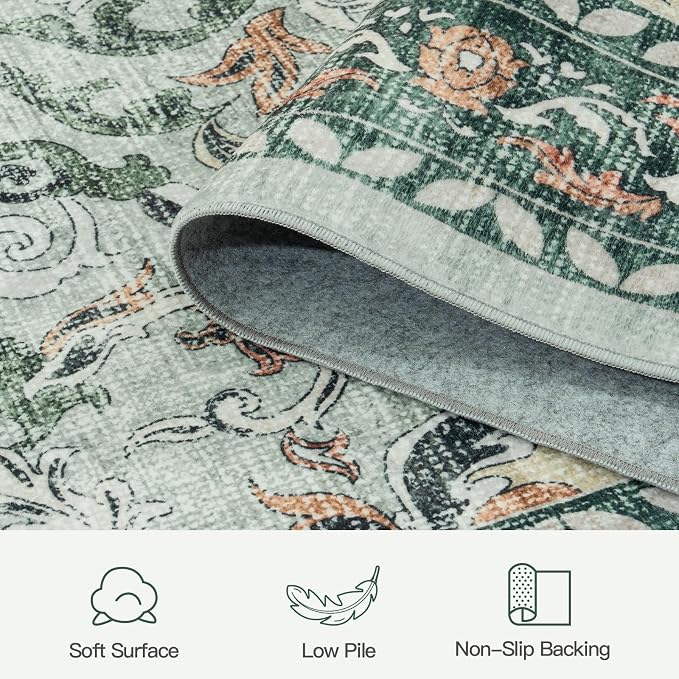 8x10 Area Rugs for Living Room,Washable Non-Slip Large Rug, Sage Green | Soft Carpets for Bedroom for Dining Room Home Office Indoor Nursery, Stain Resistant, Low Pile, Vintag Boho Distressed Rug