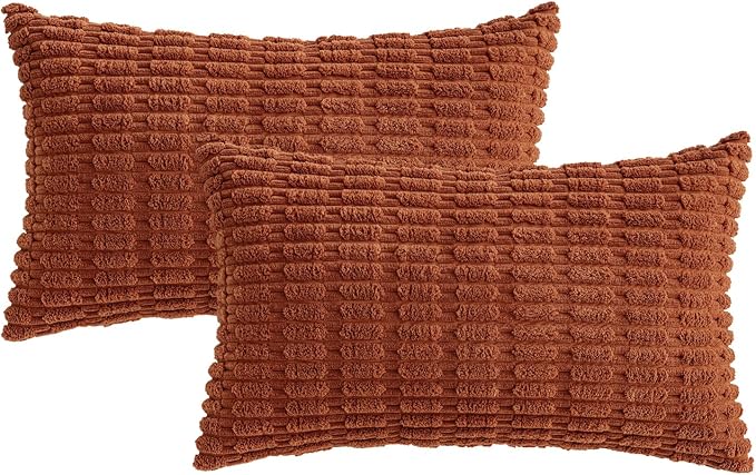 MIULEE Fall Lumbar Corduroy Decorative Throw Pillow Covers 12x20 Dark Rust | Terracotta Pack of 2 Soft Boho Striped Pillow Covers Modern Farmhouse Autumn Home Decor For Sofa Living Room Couch Bed