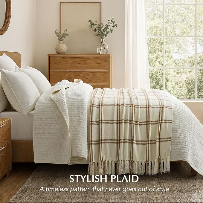 Plaid Chenille Knit Throw Blanket, 60"x80", Cream & Beige | Soft Knitted Throw with Tassels, Cozy, Lightweight, Windowpane Grid Plaid, Decorative Farmhouse Throw for Couch Bed Sofa Gift