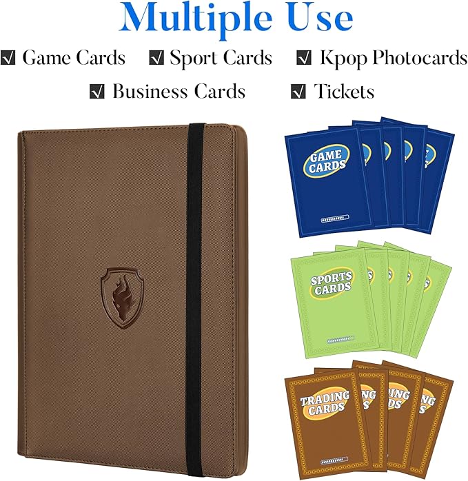 Premium 9 Pocket Card Binder for 360 Cards, Fabmaker PU Cover Trading Card Binder, Sturdy Card Collection Album, Sleek Card Holder Folders for Game Cards & Sports Cards, Brown