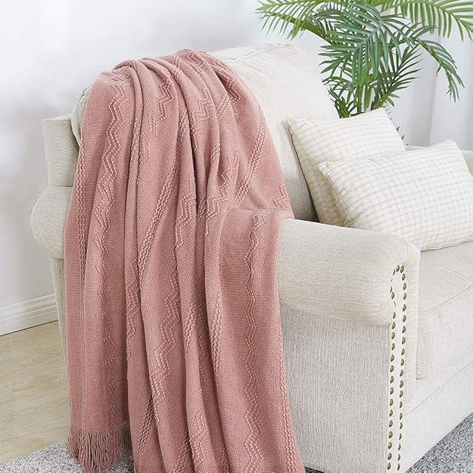 BOURINA Coral Pink Throw Blanket 50x90Inch Boho Knit Soft Throw Bed Blanket | Knitted Throw Blanket 50x90 Inches, Soft Lightweight Boho Weave Throw Decorative Couch Blanket for Living Room Bed Runner