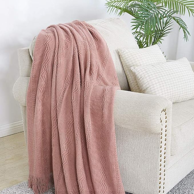 BOURINA Coral Pink Throw Blanket 60x80 Inch Knitted Soft Throw Sofa Blanket | Knitted Throw Blanket 60x80 Inches, Soft Lightweight Boho Weave Throw Decorative Couch Blanket for Living Room Bedroom Chair