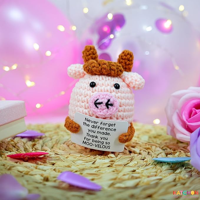 KatchOn, Mini Funny Positive Cow Gifts | Emotional Cheer Up Support Gift for Women, Men, Coworker, Friends, Teen | Handmade Crochet Highland Cow Gift for Christmas, Birthday, Bosses Day, Thanksgiving