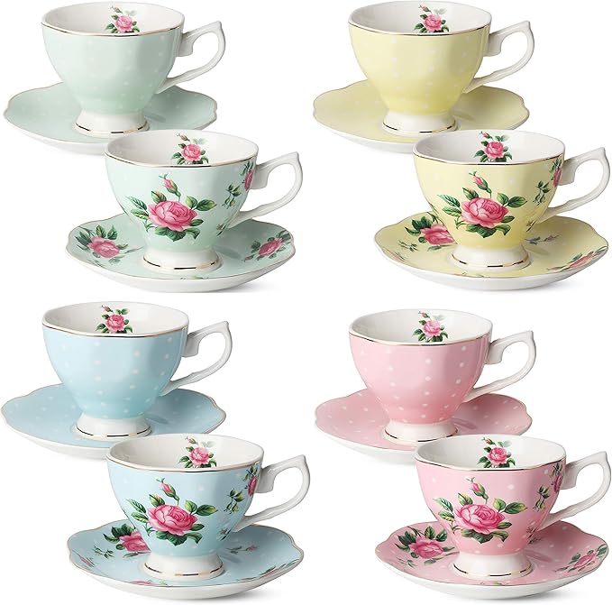 BTaT- Floral Tea Cups and Saucers, Set of 8, 8 oz | Fine Porcelain Teacup Set Gold Trim Afternoon Tea Weddings Parties Gifting Dishwasher Safe Lightweight Non Toxic