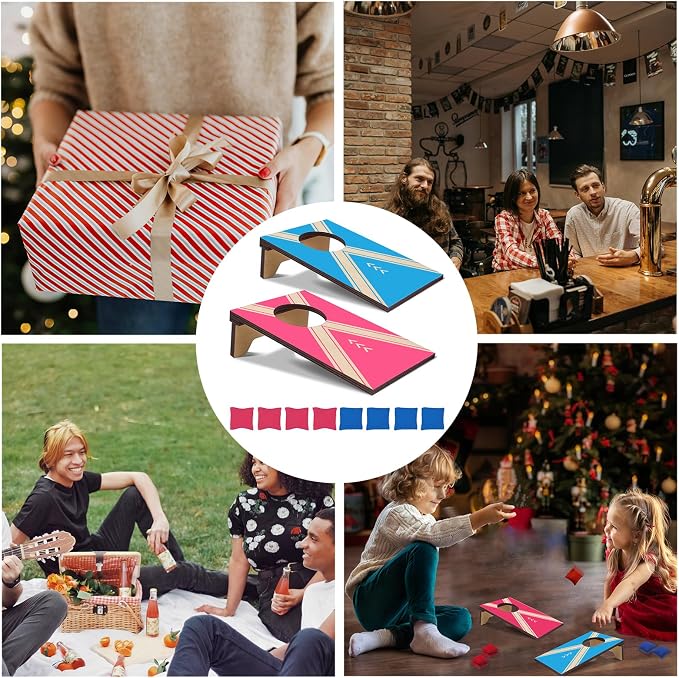2PCS Mini Tabletop Cornhole Boards, 4.7" W x 7.7" L Wooden Desktop Toss Game with 8 Bean Bags, Portable Game Set for Travel Home