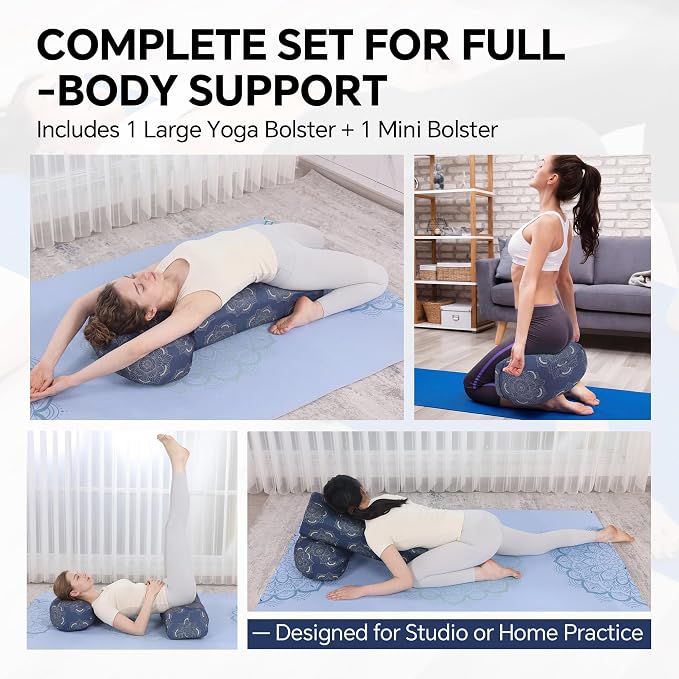 MABOZOO 2-Piece Yoga Bolster Pillow, Rectangular & Crescent Meditation Cushions with Removable Cover for Restorative Yoga, Meditation Accessories for Sitting on Floor