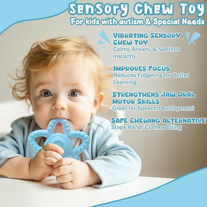 Wacipeck Vibrating Teether for Babies 6-18 Months，Sensory Toys for Kids with Autism Oral Motor Therapy ，3 Speed Vibration Baby Teething Relief，Toddler Travel Essential & 1-2 Year Old Boy Girl Gift