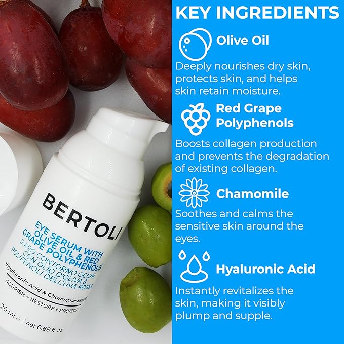 BERTOLI Firming Eye Serum for Wrinkles, Dark Circles & Puffiness – Under Eye Anti-Aging Serum with Hyaluronic Acid, Olive Oil, Chamomile & Red Grape Polyphenols – Made in Italy