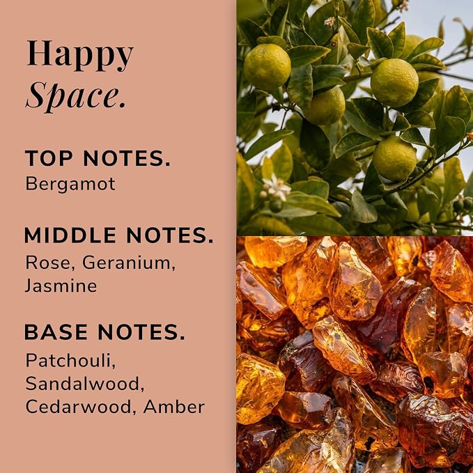 Happy Space Aromatherapy Candle – Rose, Geranium & Jasmine Scented Candle, Plant-Based Wax, 7 oz, 45 Hour Burn Time, Uplifting & Relaxation Candle