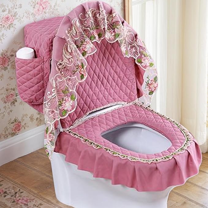 Toilet Seat Cover Set, 3Pcs Soft Lace Toilet Cover Set with Storage Bag, Washable Tank for Bathroom