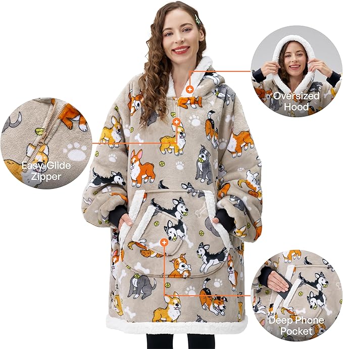 Giggling Getup Wearable Blanket Hoodie for Adults Gifts for Teen Girls Sister Women Sherpa Fleece Printed Hooded Blanket Sweatshirt Warm Cozy with Pocket & Sleeves Grey Dog