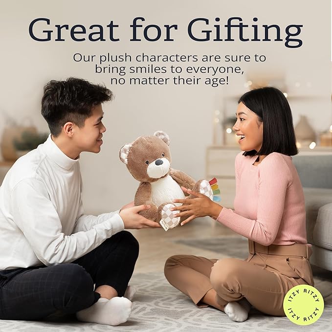 Itzy Ritzy Snuggles Plush Toy – Soft Stuffed Animal for Babies, Kids & Adults – Sensory Ribbons & Textured Fabrics for Tactile Play – Cozy & Cuddly Companion for Newborns & Up (Bear)