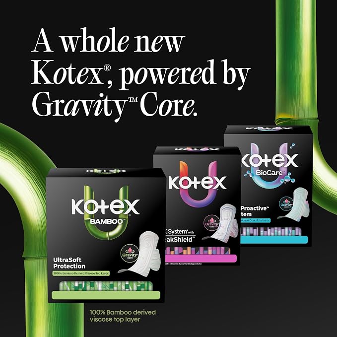 Kotex Bamboo Ultra Thin Pads with Wings, Heavy Absorbency, 44 Count (Packaging May Vary)