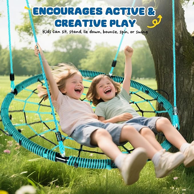 Trekassy 750lbs 40“ Spider Web Saucer Tree Swing for Kids Adults, Outdoor Net Swing with Steel Frame and 2 Hanging Straps-Green+Black (Patented)