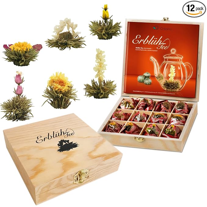 Creano Blooming Tea - Flowering Ball Gift Set in Stylish Wooden Box - 12 Pieces, White Tea