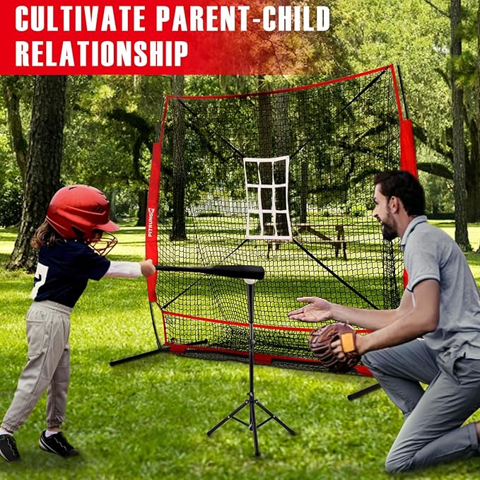 Baseball Softball Tee Batting Tee for Hitting T tee Ball Set Stand Baseball Softball Hitting Pitching Screen Net for Kids Teens Batting Net Set Training Equipment W/Carry Bag for Outdoor