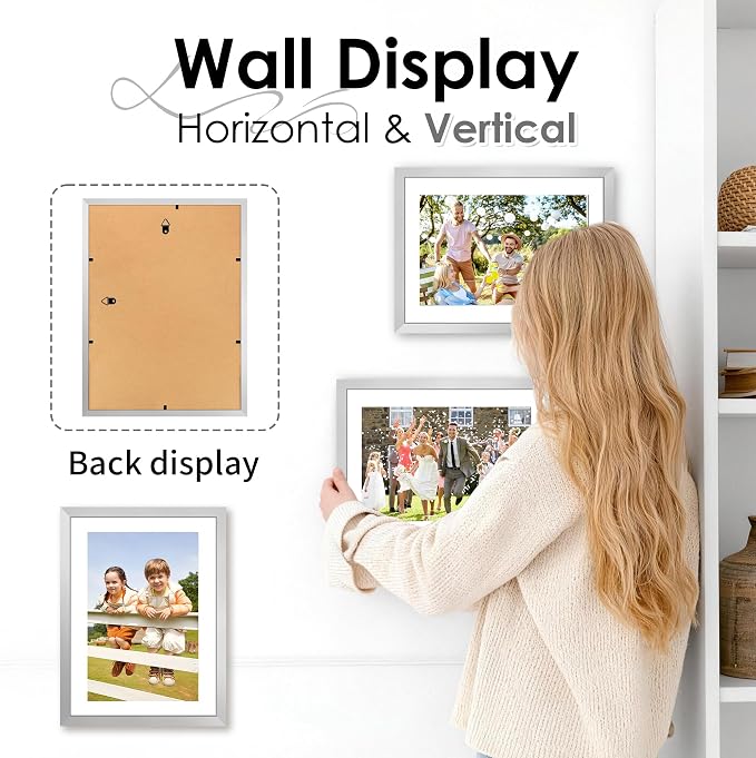 FIXSMITH A4 Picture Frame Set of 2, Silver Photo Frame with HD Plexiglass, Display Pictures 6x8 with Mat or 8.3x11.7 Without Mat Multi Picture Frames Collage for Tabletop or Wall Display