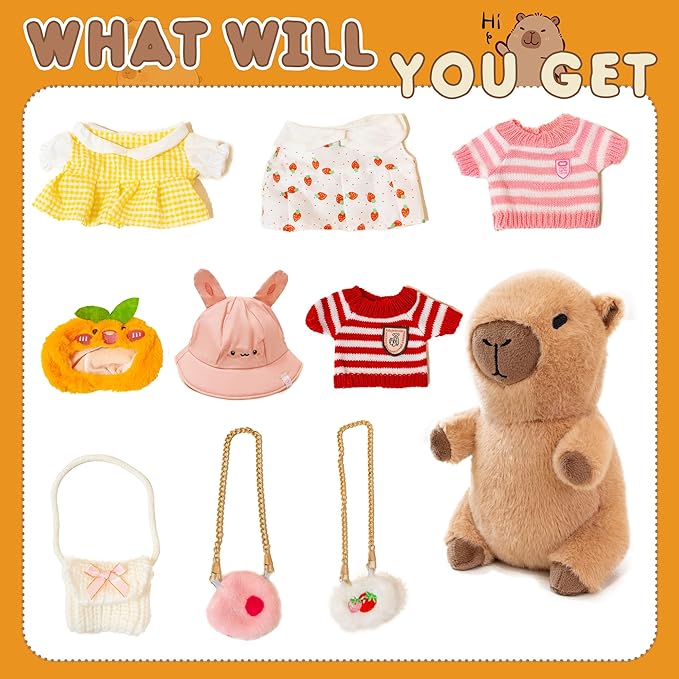 Capybara Plush with 10 Pcs Clothes & Accessories,Christmas Stuffed Animals, 10.2 in Cute Capybara Plush Toys,Birthday Gifts&Dress Up Cute Plushies for Boys/Girls (Summer-B)