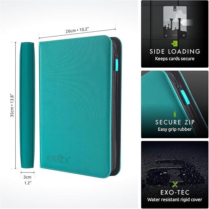 Vault X 9 Pocket Zip Binder, 360 Cards, Exo-Tec Material, 20 Side-Loading Pages (Teal)