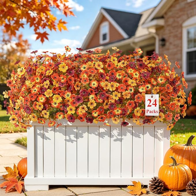 Alupssuc 24 Bundles Artificial Fall Flowers, UV Resistant Faux Mums Porch | Silk & Plastic, 13 Inch Tall, for Indoor Outdoor Planters Yard Patio Window Box, Autumn Outside Realistic Fake Decoration