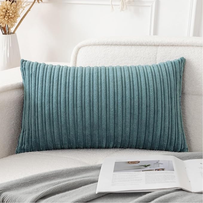 UGASA 14x24 Inch Pillow Cover Pack of 1 Soft Boho Stripe Corduroy Long Rectangle Lumbar Cushion Case Farmhouse Decorative Throw Pilowcase for Bed, Couch, Sofa, Bedroom, Living Room, Blue Grey