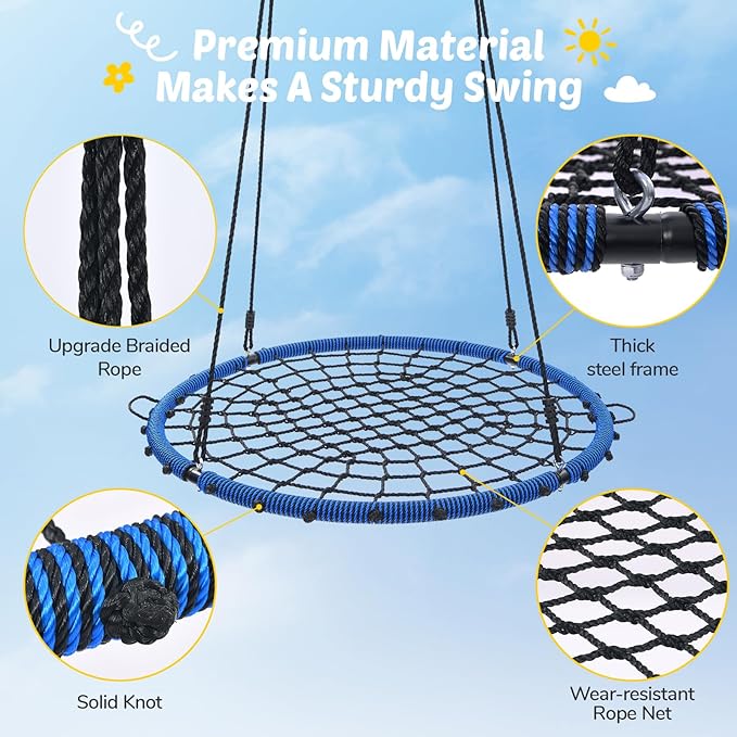 Trekassy 45" 750lbs Spider Web Tree Swing for Kids & Adults, Outdoor Steel Frame Saucer Net Swing with Swivel, Adjustable Ropes + 2 Tree Hanging Straps - Blue (Patented)