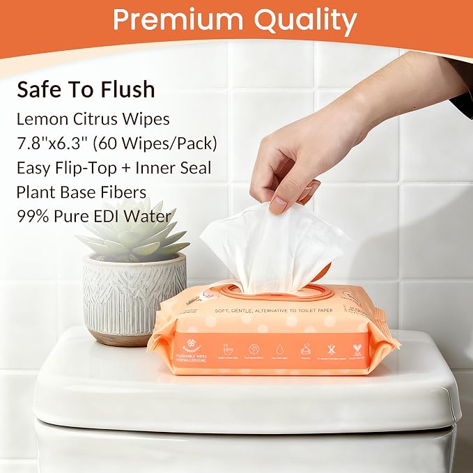 WONDERFUL Flushable Butt Wipes, Lemon Citrus 100% Plant-Based Wet Wipes for Adults & Kids; Sewer, Septic Safe; Gentle on Sensitive Skin, Wipes Flushable Pack for Bathroom & Travel, 3-Pack (180 Count)