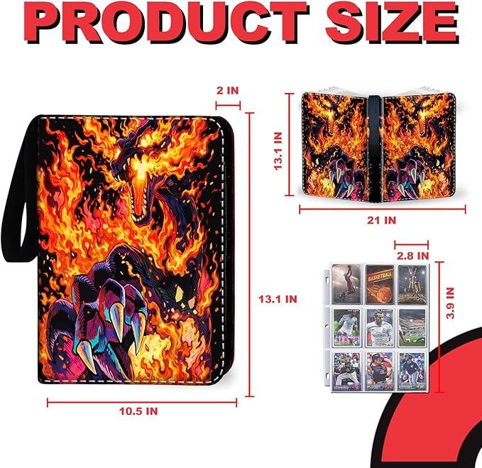 1008 Card Binder 9 Pocket, 3-Ring Trading Card Binder with 56 Page Removable Sleeves, High Storage Waterproof Trading Card Holder Collection Card Album Organizer Case for TCG Cards-Fire Dragon