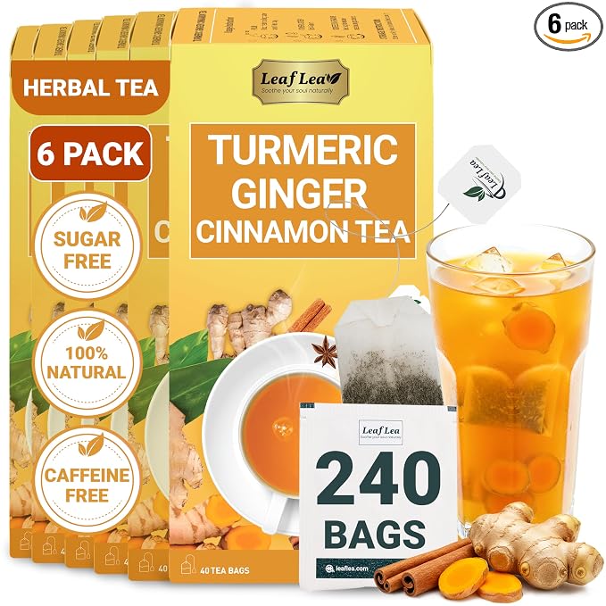 LeafLea Turmeric Ginger Tea Bags, Digestion & Immune Support, 240 Count | 100% Natural Herbal Blend With Cinnamon, Warm And Spicy Flavor, Caffeine-Free, Sugar-Free, Non-GMO, Convenient 6 Pack