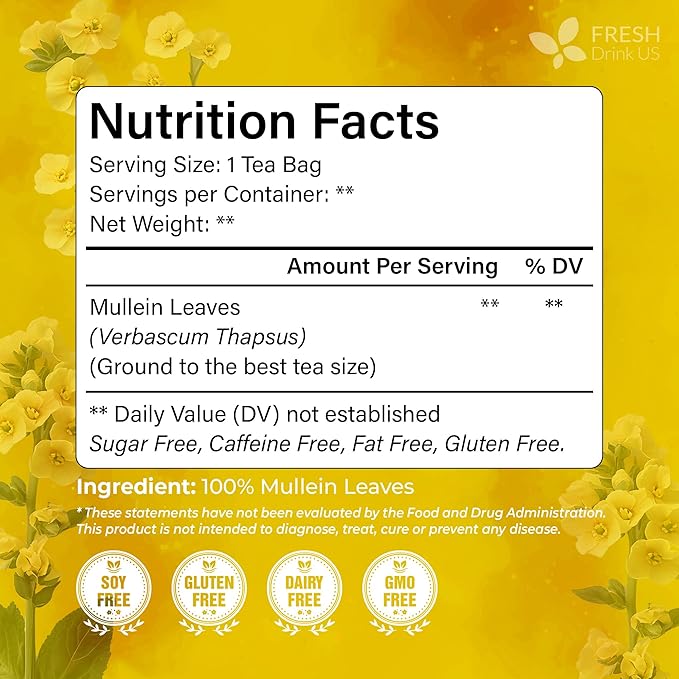 FreshDrinkUS, Premium 40 Mullein Leaf Tea Bags For Lung, 100% Natural & Pure from Mullein Leaves. Loose Leaf Mullein Herbal Tea. Made with Natural Material Tea Bags. No Sugar, No Caffeine, No Gluten, Vegan.