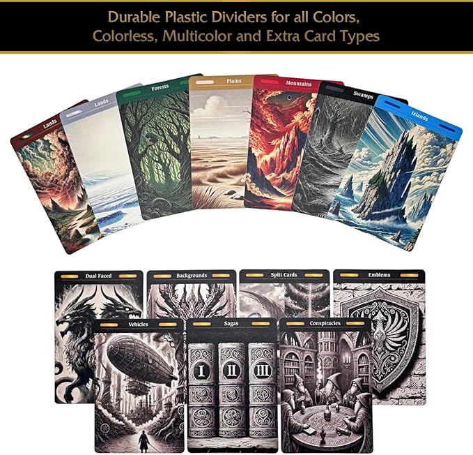 MTG Card Dividers - 77 Plastic Magic Dividers for Deck & Storage Box Organization. Unique Artwork, Color & Type Organizers for Magic The Gathering Cards (2.6 x 3.8 Inches)