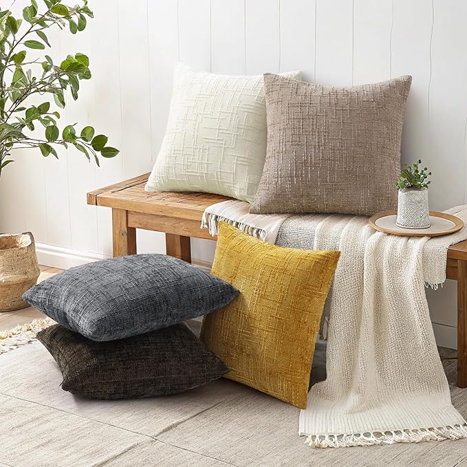 decorUhome Textured Chenille Throw Pillow Covers 26x26 Set of 2 Oatmeal | Fall Modern Farmhouse Soft Cozy Slubby Couch Pillow Cases Boho Decorative Pillow Cases for Bed Sofa Living Room Home Decor