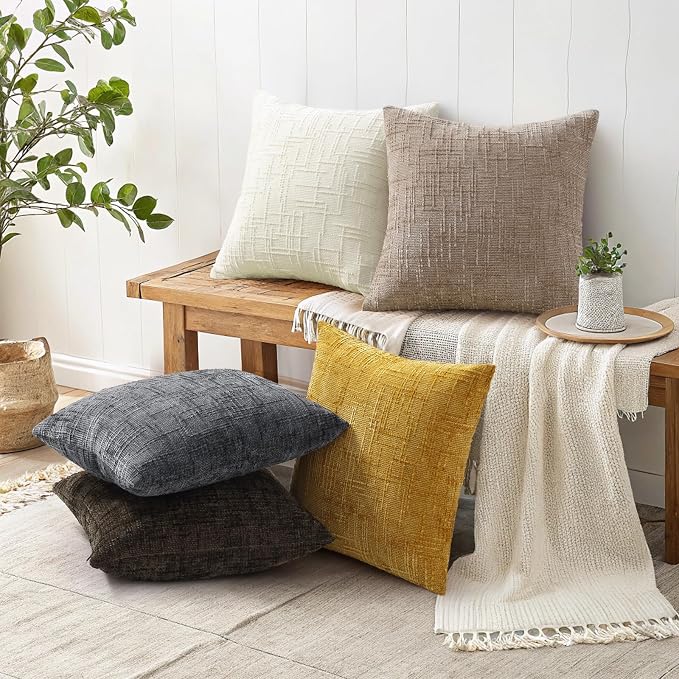 decorUhome Textured Chenille Throw Pillow Covers 18x18 Set of 2 Oatmeal | Fall Modern Farmhouse Soft Cozy Slubby Couch Pillow Cases Boho Decorative Pillow Cases for Bed Sofa Living Room Home Decor