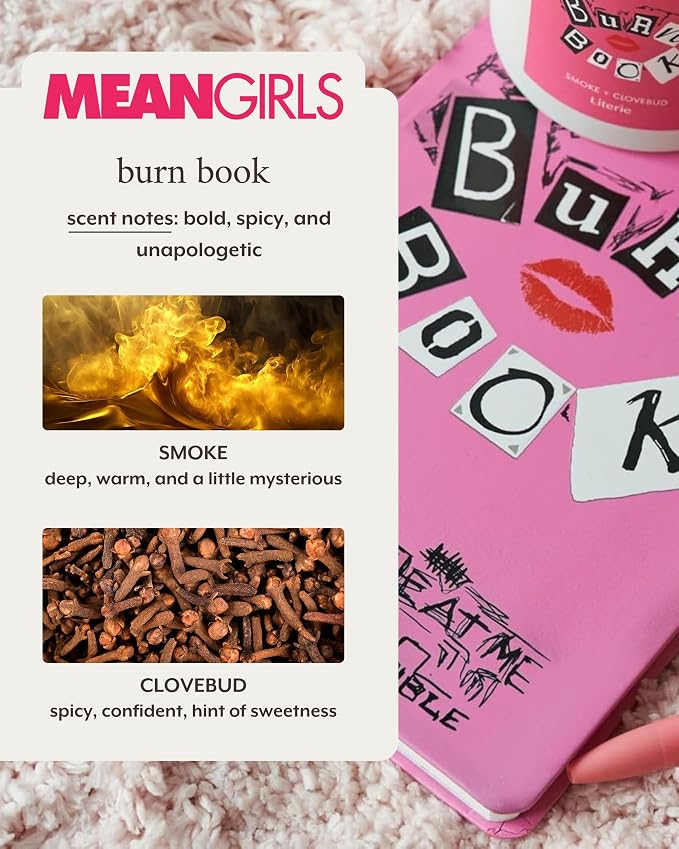 Literie Mean Girls Inspired Scented Candle: Burn Book - Smoke + Clovebud Scented, 9oz, 50 Hour Burn, Vegan Soy & Coconut Blend Candle for Home Decor, Gift for Women & Men