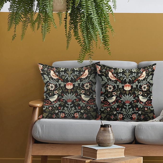 Chinoiserie Floral Bird Colorful Pillow Covers 20X20 in Set of 2 Orange Sage Green Pimpernel Flower Throw Pillow Cases Vintage Art Pillow Covers Modern Home Decor for Couch Patio Sofa Porch